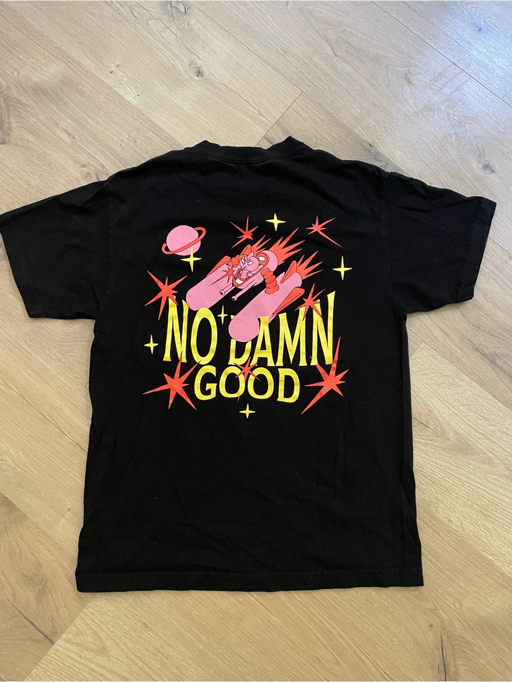 No Damn Good Graphic Tee - Black with Pink & Yellow Print